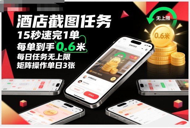酒店截图任务，15秒速完1单，每单到手0.6米，每日任务无上限，全网首发玩法，矩阵操作单日3张【揭秘】-吾爱创业网