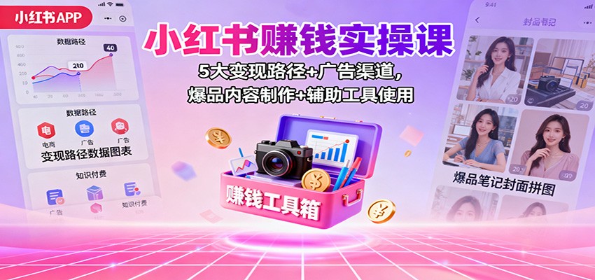 小红书赚钱实操课：5大变现路径+广告渠道，爆品内容制作+辅助工具使用-吾爱创业网