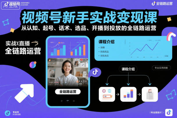 视频号新手实战变现课,从认知、起号、话术、选品、开播到投放的全链路运营-吾爱创业网