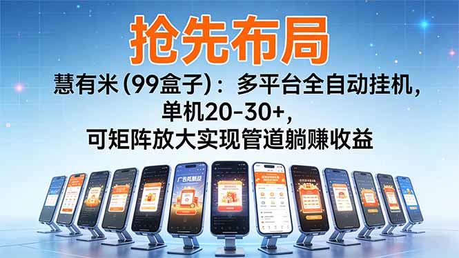 (16757期)【抢先布局】慧有米(99盒子):多平台全自动挂机,单机20-30+,可矩阵放大实现管道躺赚收益-吾爱创业网