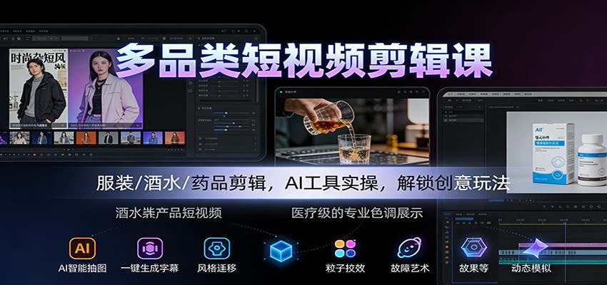多品类短视频剪辑课:服装/酒水/药品剪辑,AI工具实操,解锁创意玩法-吾爱创业网