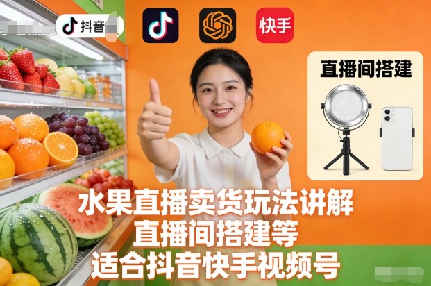 水果直播卖货玩法讲解、直播间搭建等，适合抖音快手视频号-吾爱创业网