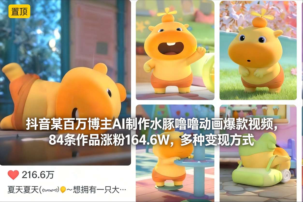 抖音某百万博主AI制作水豚噜噜动画爆款视频，84条作品涨粉164.6W，多种变现方式-吾爱创业网