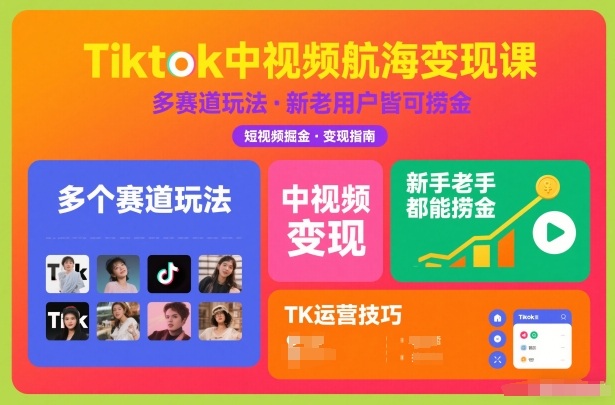 Tiktok中视频航海变现课，多个赛道玩法，新手老手都能在TK中视频捞金-吾爱创业网