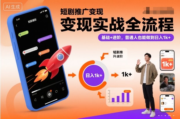 短剧推广变现实战全流程,基础+进阶,普通人也能做到日入1k+-吾爱创业网