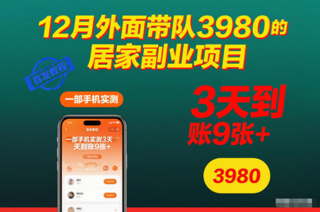 12月外面带队3980的居家副业项目，一部手机实测3天到账9张+，首发教程【揭秘】-吾爱创业网