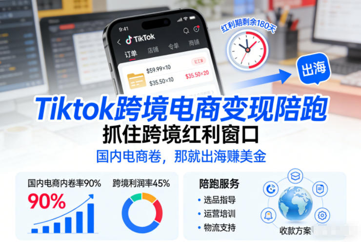 Tiktok跨境电商变现陪跑，抓住跨境红利窗口，国内电商卷，那就出海賺美金-吾爱创业网