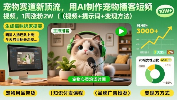 宠物赛道新顶流，用AI制作宠物播客短视频，1周涨粉2W（视频+提示词+变现方法）-吾爱创业网