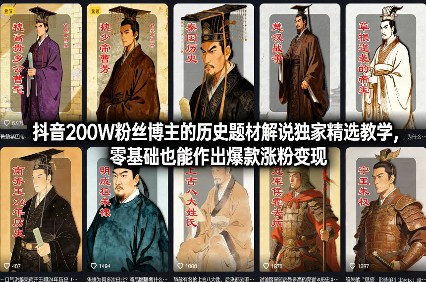 抖音200W粉丝博主的历史题材解说独家精选教学，零基础也能作出爆款涨粉变现-吾爱创业网