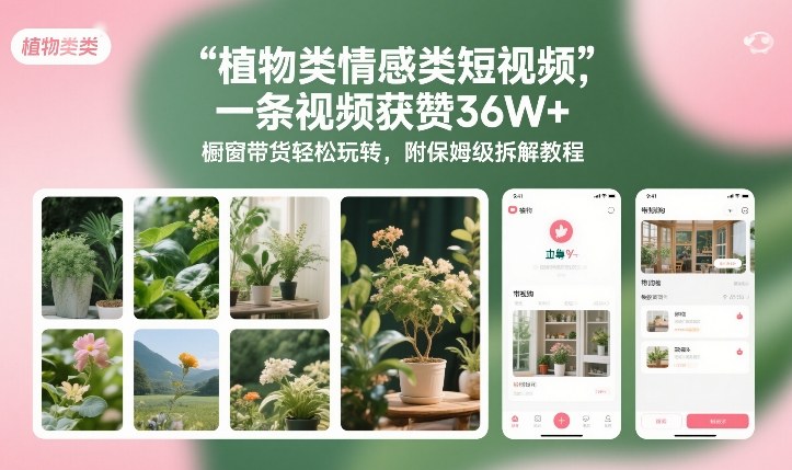 植物类情感类短视频，一条视频获赞36W+，橱窗带货轻松玩转，附保姆级拆解教程-吾爱创业网