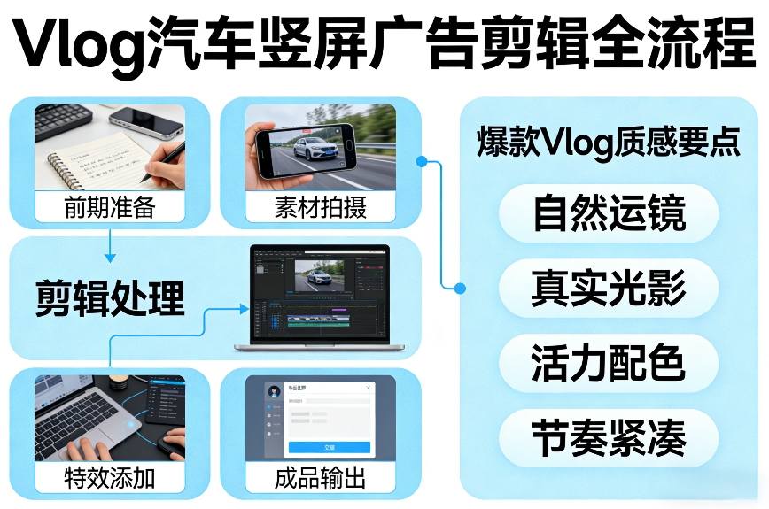Vlog感觉汽车竖屏广告剪辑脚本全流程，拿捏爆款Vlog质感-吾爱创业网