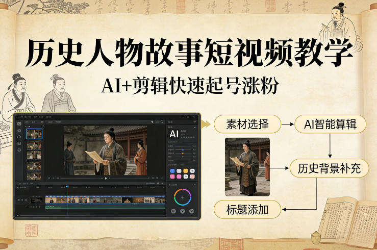 历史人物故事短视频教学，AI+剪辑制作历史人物题材短视频，快速起号涨粉-吾爱创业网