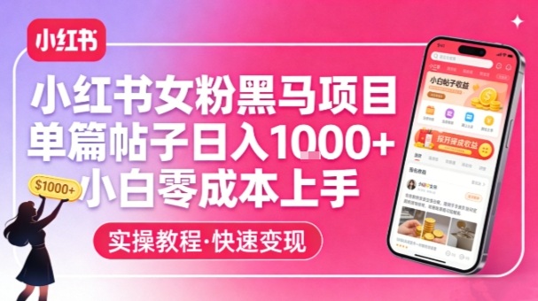小红书女粉黑马项目，单篇帖子日入1k+，小白零成本上手-吾爱创业网