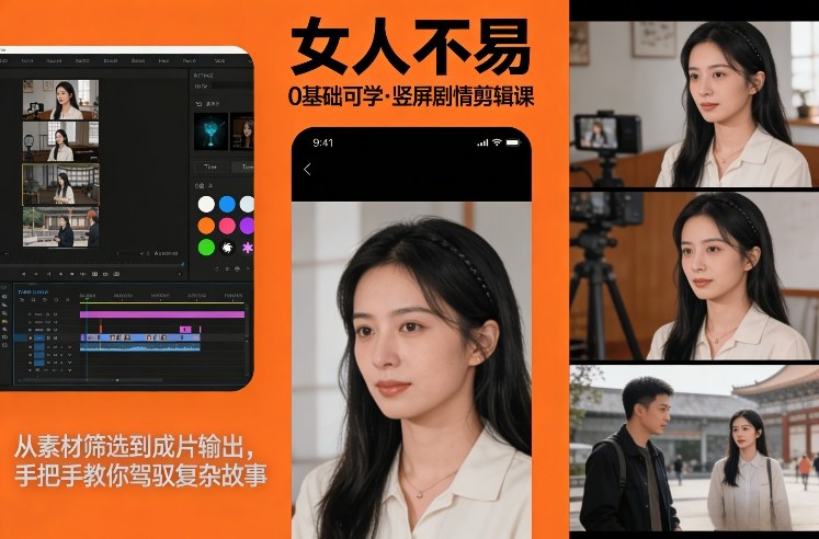 0基础可学！《女人不易》竖屏剧情剪辑课，从素材筛选到成片输出，手把手教你驾驭复杂故事-吾爱创业网