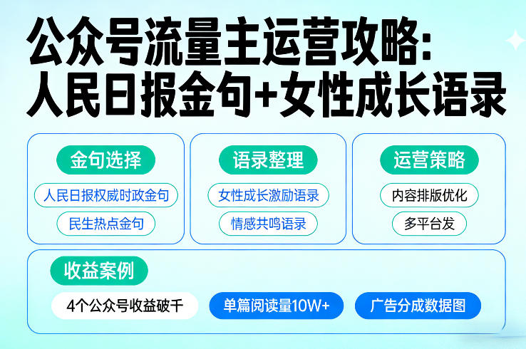 利用人民日报金句+女性成长语录做公众号流量主，4个公众号收益破千-吾爱创业网