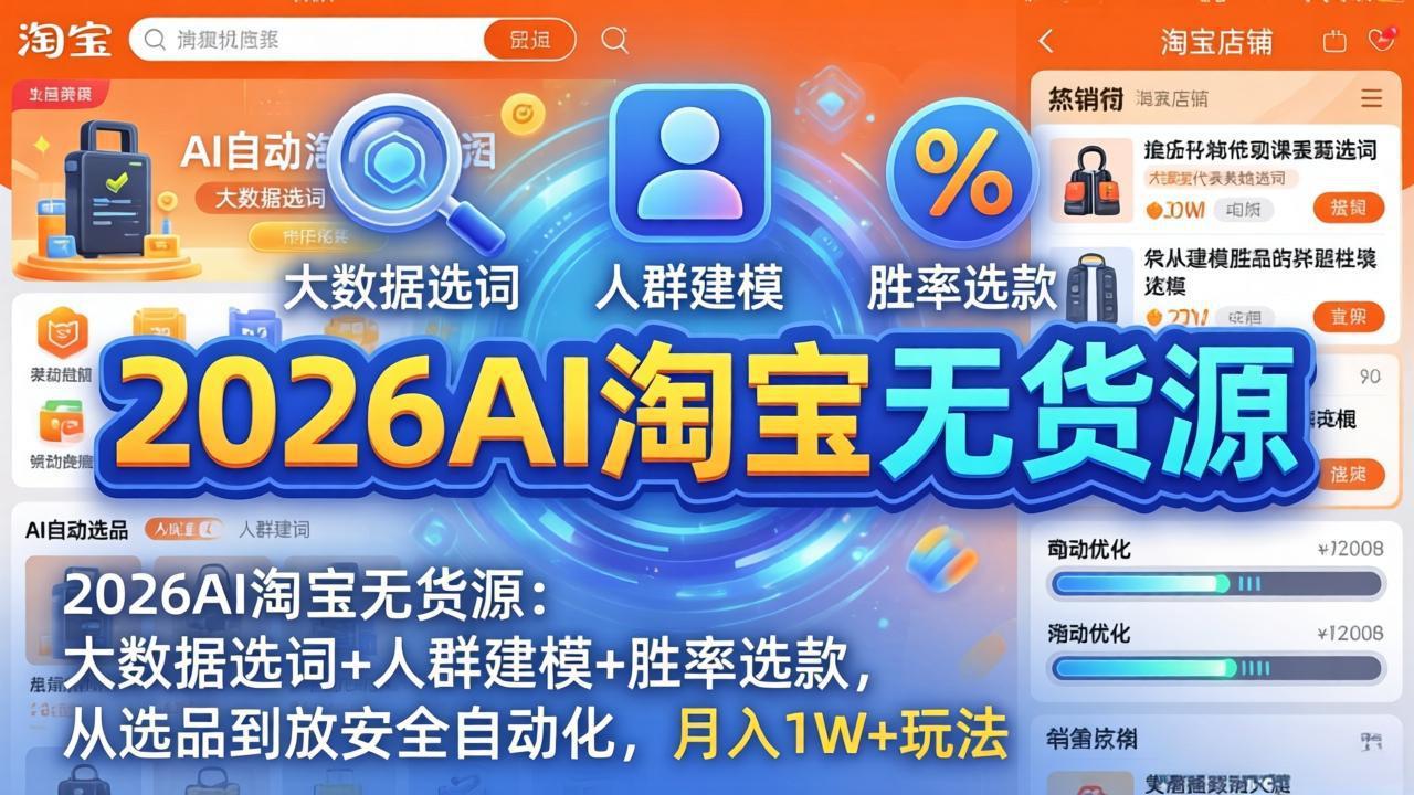 （17812期）2026AI淘宝无货源：大数据选词+人群建模+胜率选款，从选品到放大全自动化，月入1W+玩法-吾爱创业网