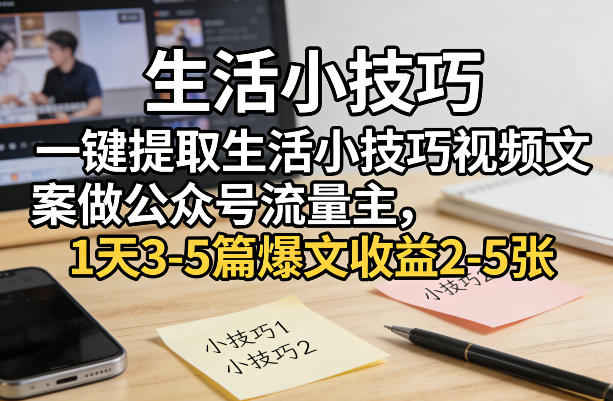 一键提取生活小技巧视频文案做公众号流量主，1天3-5篇爆文收益2-5张-吾爱创业网