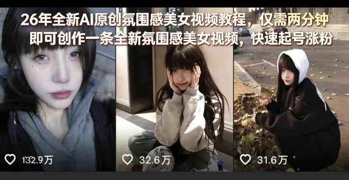 26年全新AI原创氛围感美女视频教程,仅需两分钟即可创作一条全新氛围感美女视频,快速起号涨粉-吾爱创业网
