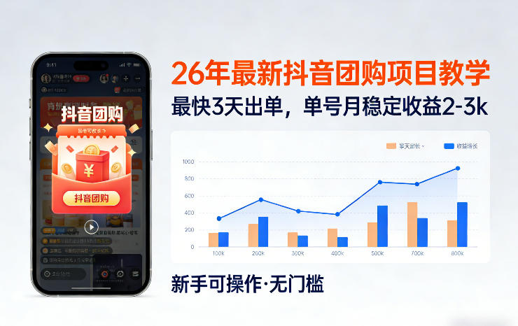 26年最新抖音团购项目教学，0门槛，最快3天出单，单号月稳定收益2-3k-吾爱创业网