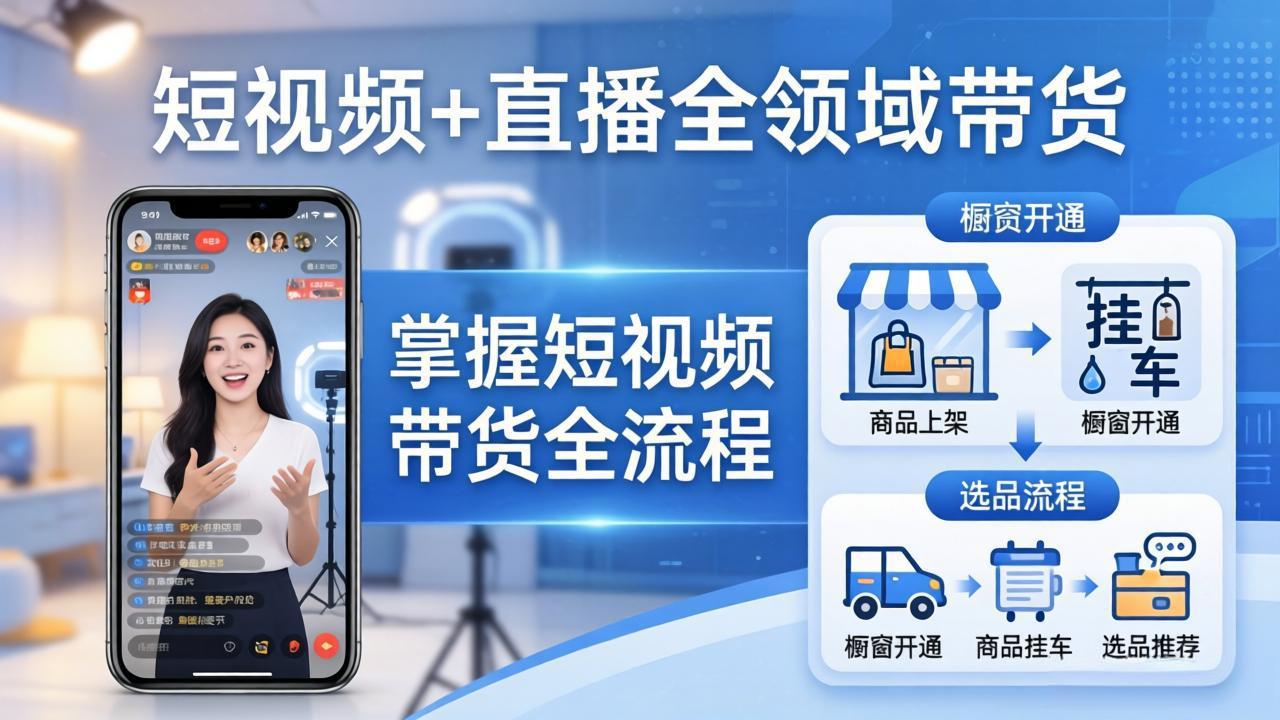 （17915期）短视频+直播全领域带货-更新：掌握橱窗开通、挂车、选品、爆款文案改编等短视频带货全流程-吾爱创业网