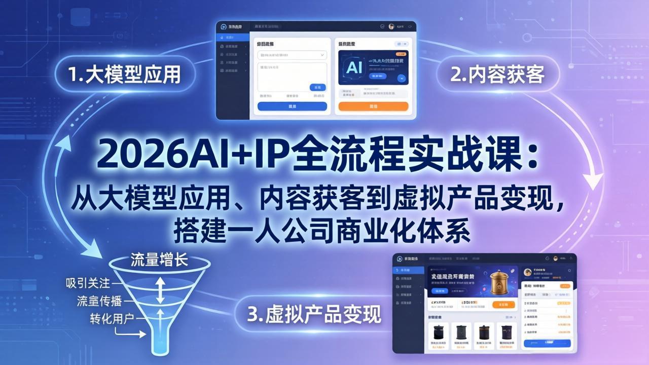 （17863期）2026AI+IP全流程实战课：从大模型应用、内容获客到虚拟产品变现，搭建一人公司商业化体系-吾爱创业网