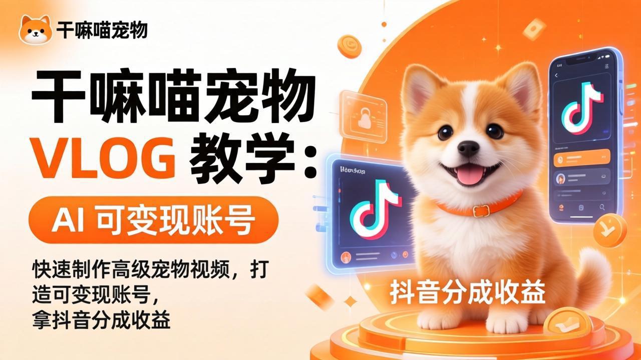 （17888期）干嘛喵宠物 VLOG 教学：AI 快速制作高级宠物视频，打造可变现账号，拿抖音分成收益-吾爱创业网