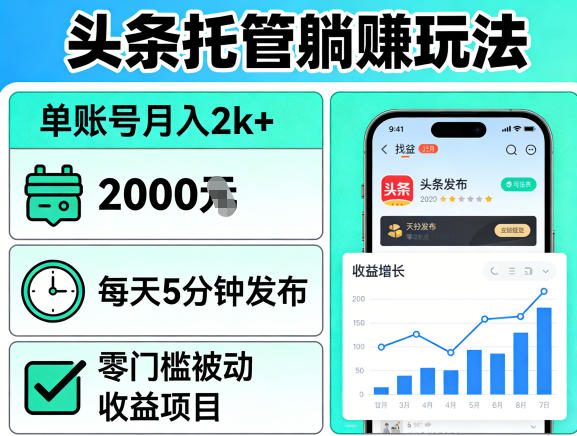 头条托管躺賺玩法，单账号月入2k+，每天5分钟发布即可，零门槛被动收益项目【揭秘】-吾爱创业网