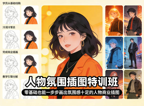 人物氛围插图特训班，零基础也能一步步画出氛围感十足的人物商业插图-吾爱创业网