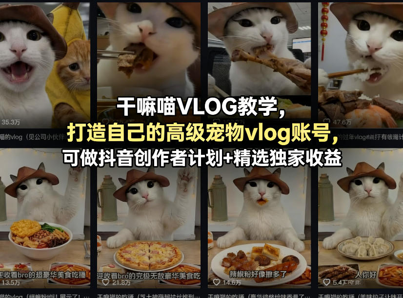 干嘛喵VLOG教学，打造自己的高级宠物vlog账号，可做抖音创作者计划+精选独家收益-吾爱创业网