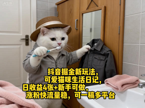 抖音掘金新玩法，可爱猫咪生活日记，日收益4张+新手可做，涨粉快流量稳，可一稿多平台-吾爱创业网