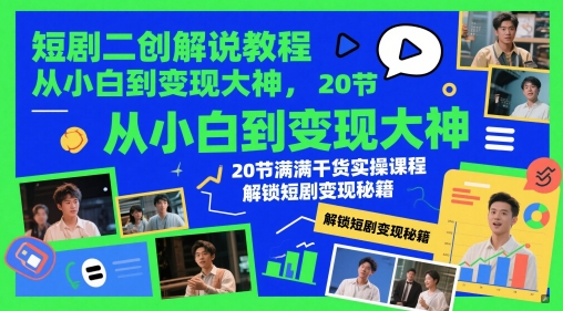 短剧二创解说教程，从小白到变现大神，20节满满干货实操课程，解锁短剧变现秘籍-吾爱创业网
