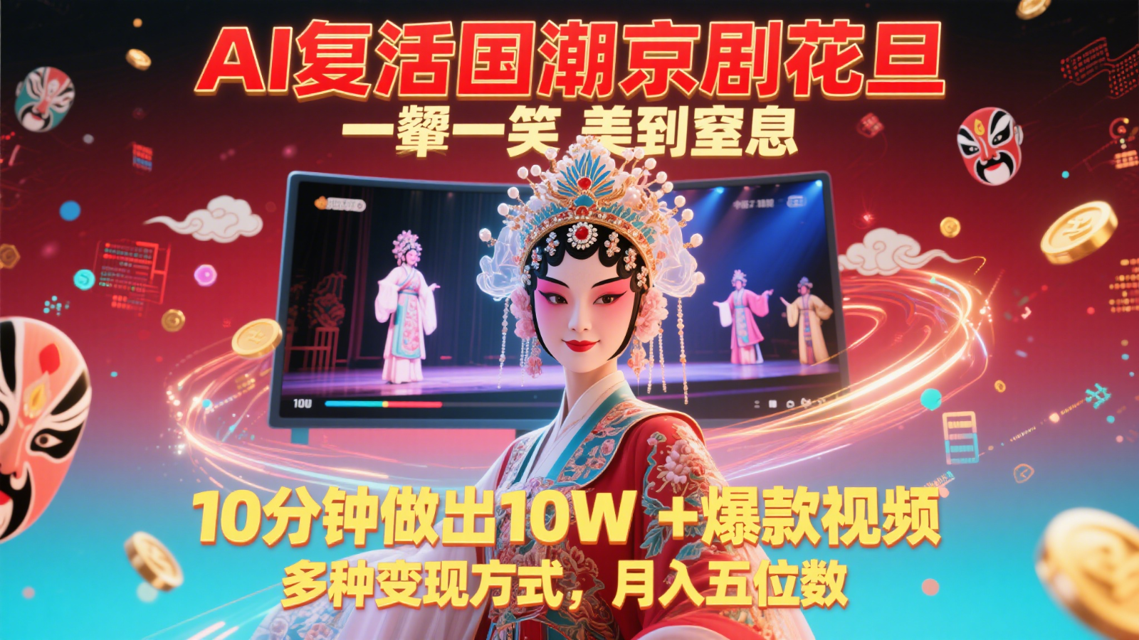 AI复活国潮京剧花旦，一颦一笑美到窒息，10分钟做出10W+爆款视频，多种变现方式，…-吾爱创业网