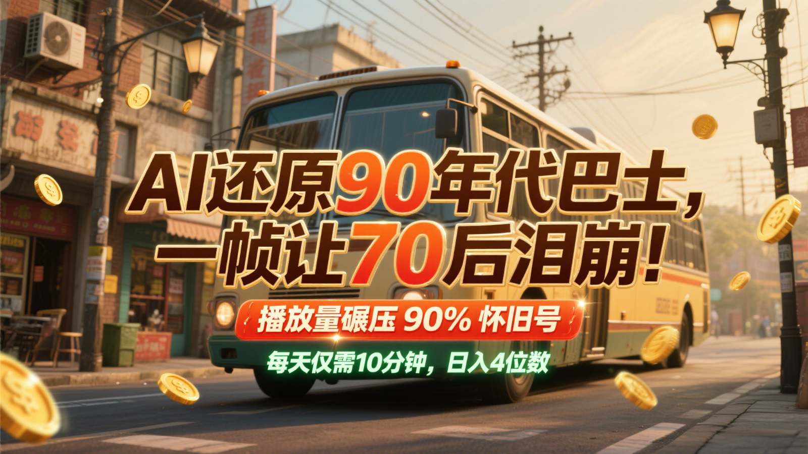 AI还原90年代巴士，一帧让70后泪崩！播放量碾压90%怀旧号，每天10分钟，日入4位数-吾爱创业网