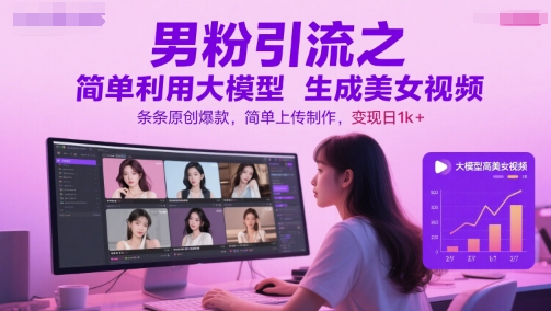 男粉引流之简单利用大模型生成美女视频，条条原创爆款，简单上传制作，变现日1k+-吾爱创业网