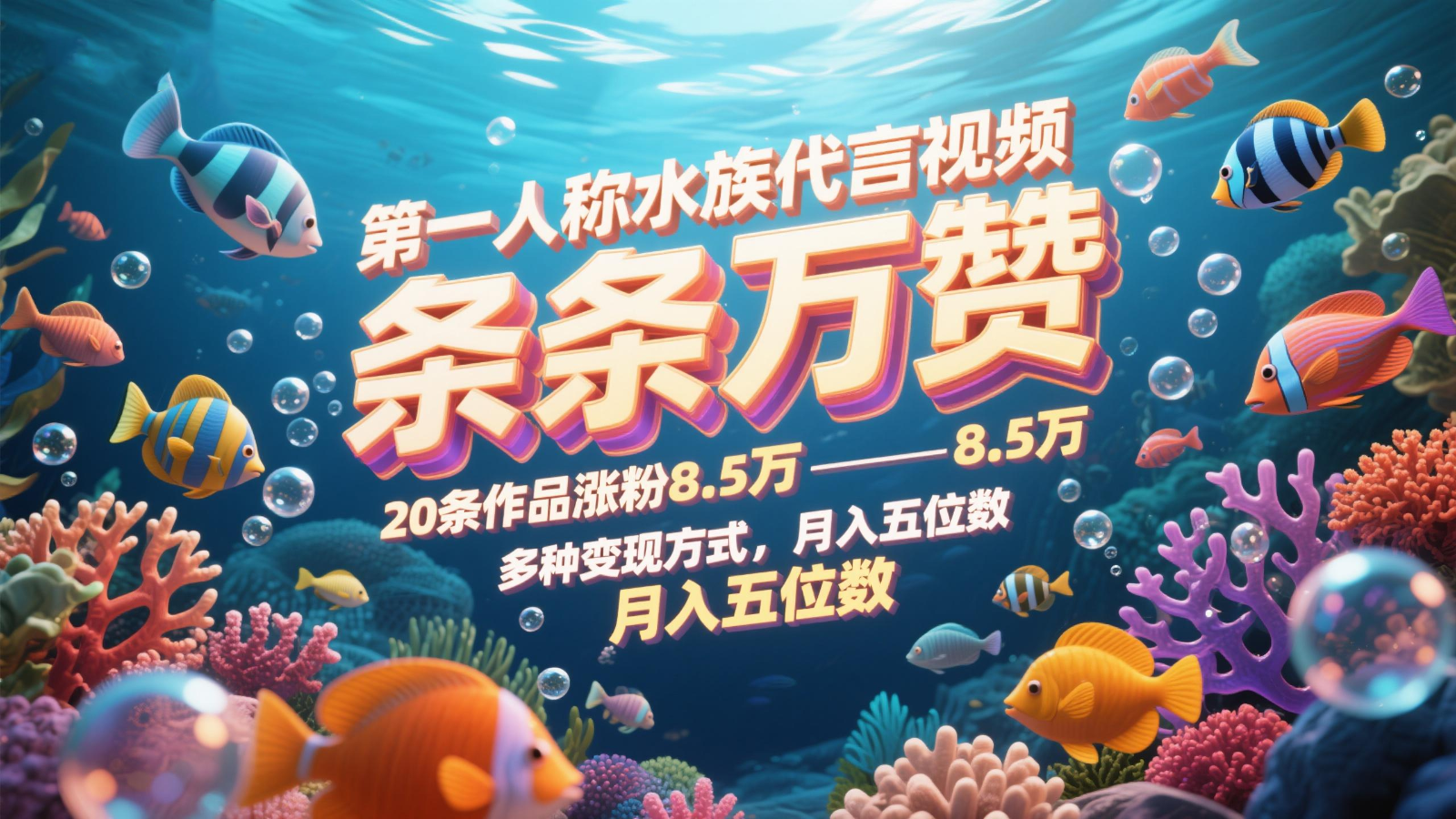 第一人称水族代言视频，条条万赞，20条作品涨粉8.5万，多种变现方式月，入五位数-吾爱创业网