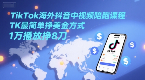 TikTok海外抖音中视频陪跑课程，TK最简单挣美金方式，1万播放挣8刀-吾爱创业网